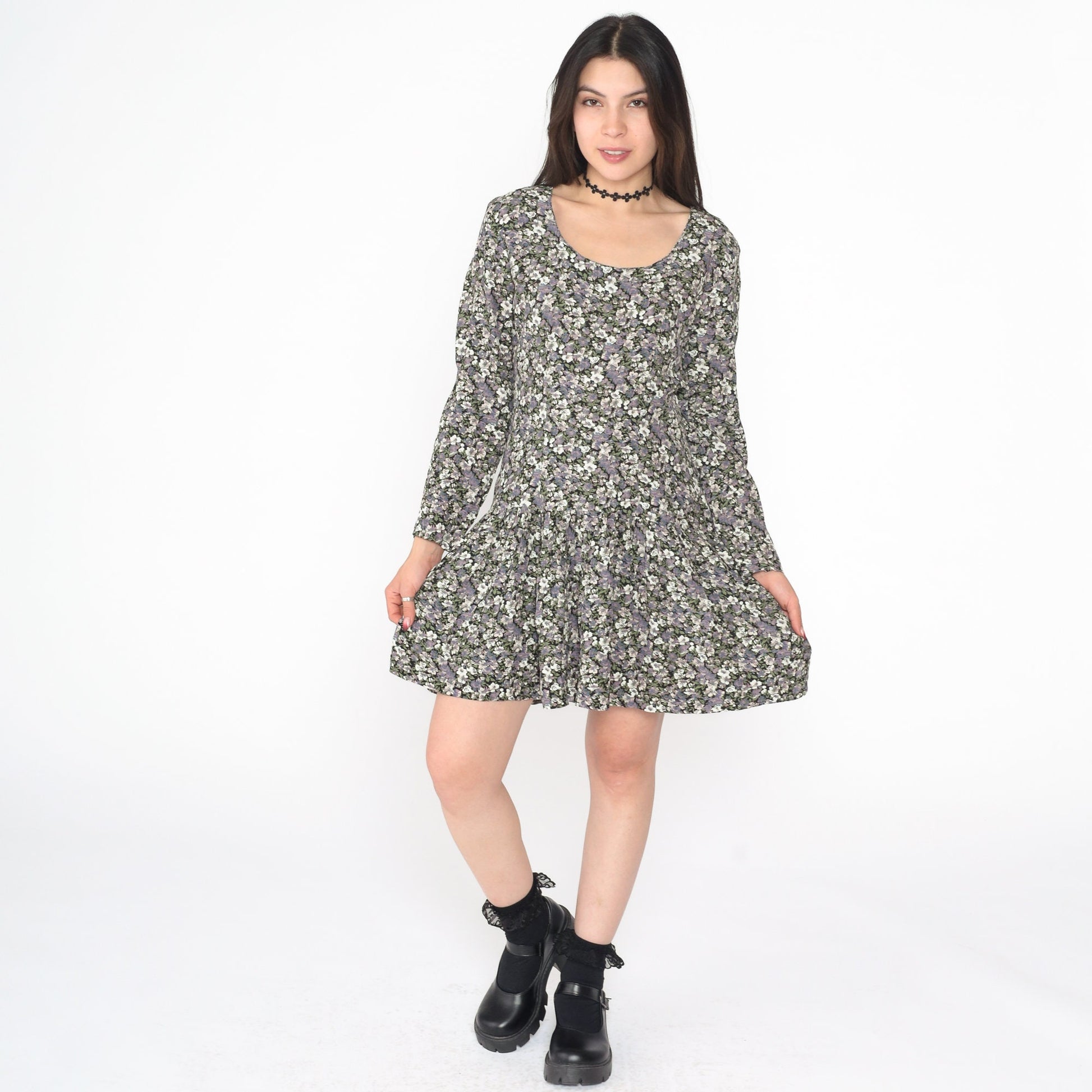 90s Floral Mini Dress Lace-Up V Back Drop Waist Long Sleeve Medium