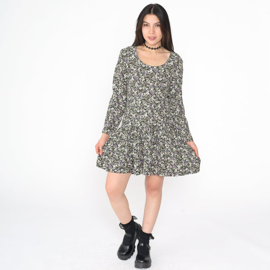 90s Floral Mini Dress Lace-Up V Back Drop Waist Long Sleeve Medium