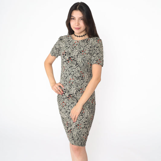 90s Liz Claiborne Floral Mini Dress Black Shift Short Sleeve Extra Small