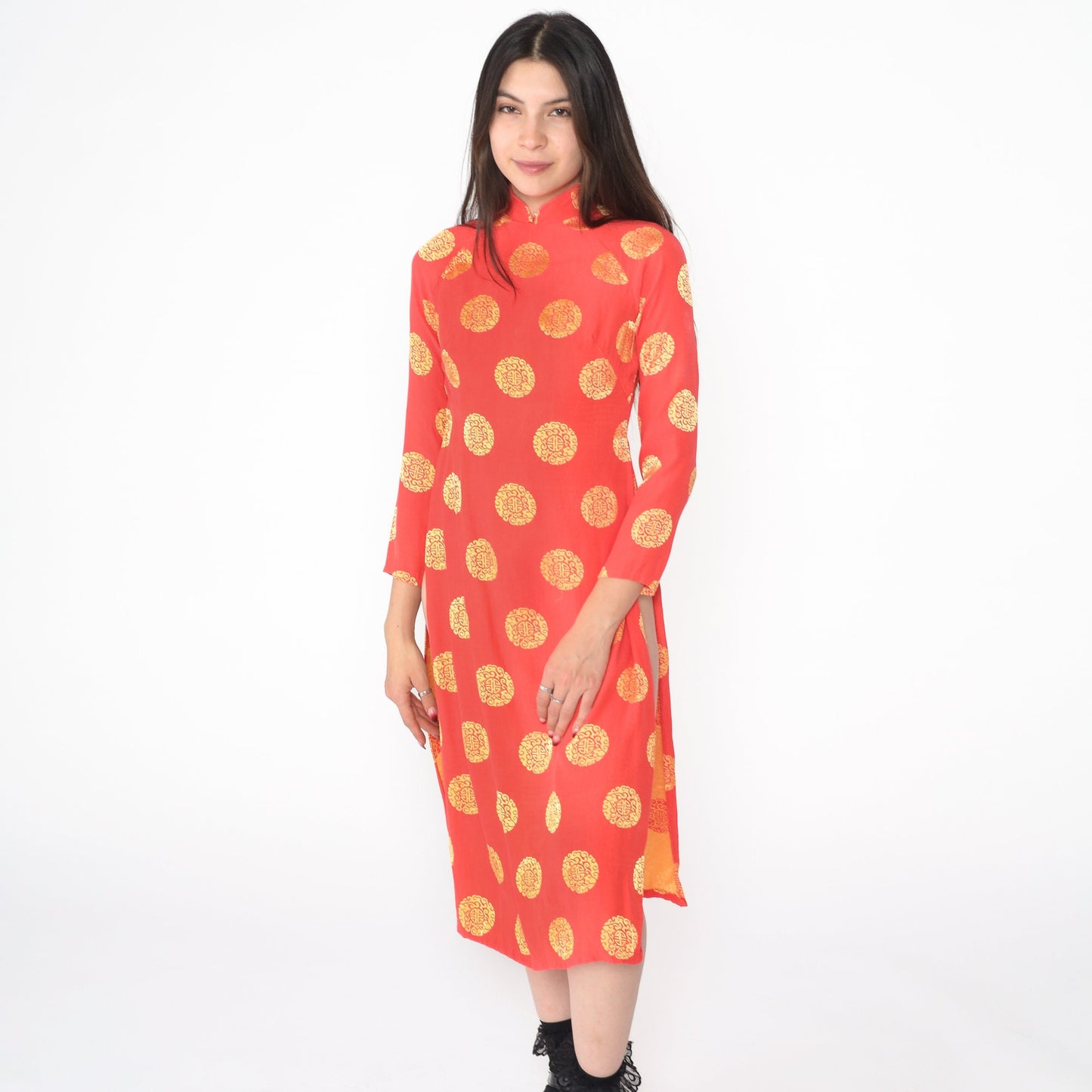 Y2K Ao Dai Dress Red Gold Medallion Print Mandarin Collar Midi Extra Small