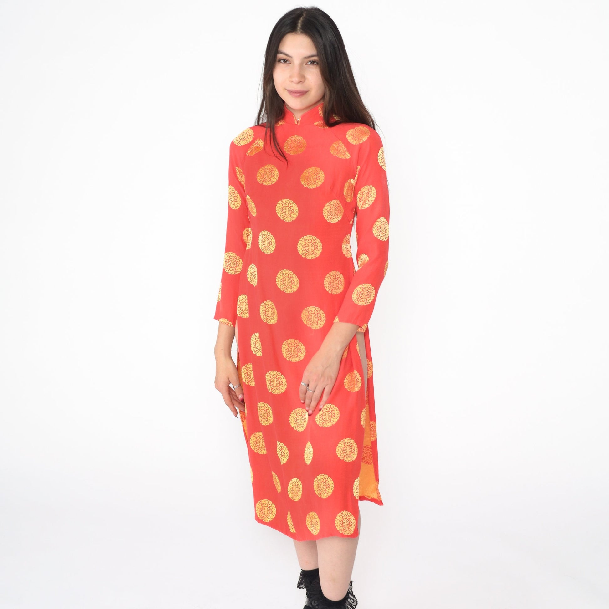Y2K Ao Dai Dress Red Gold Medallion Print Mandarin Collar Midi Extra Small