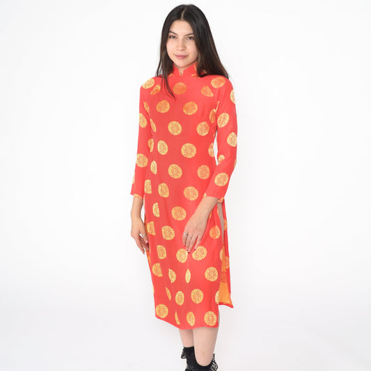 Y2K Ao Dai Dress Red Gold Medallion Print Mandarin Collar Midi Extra Small