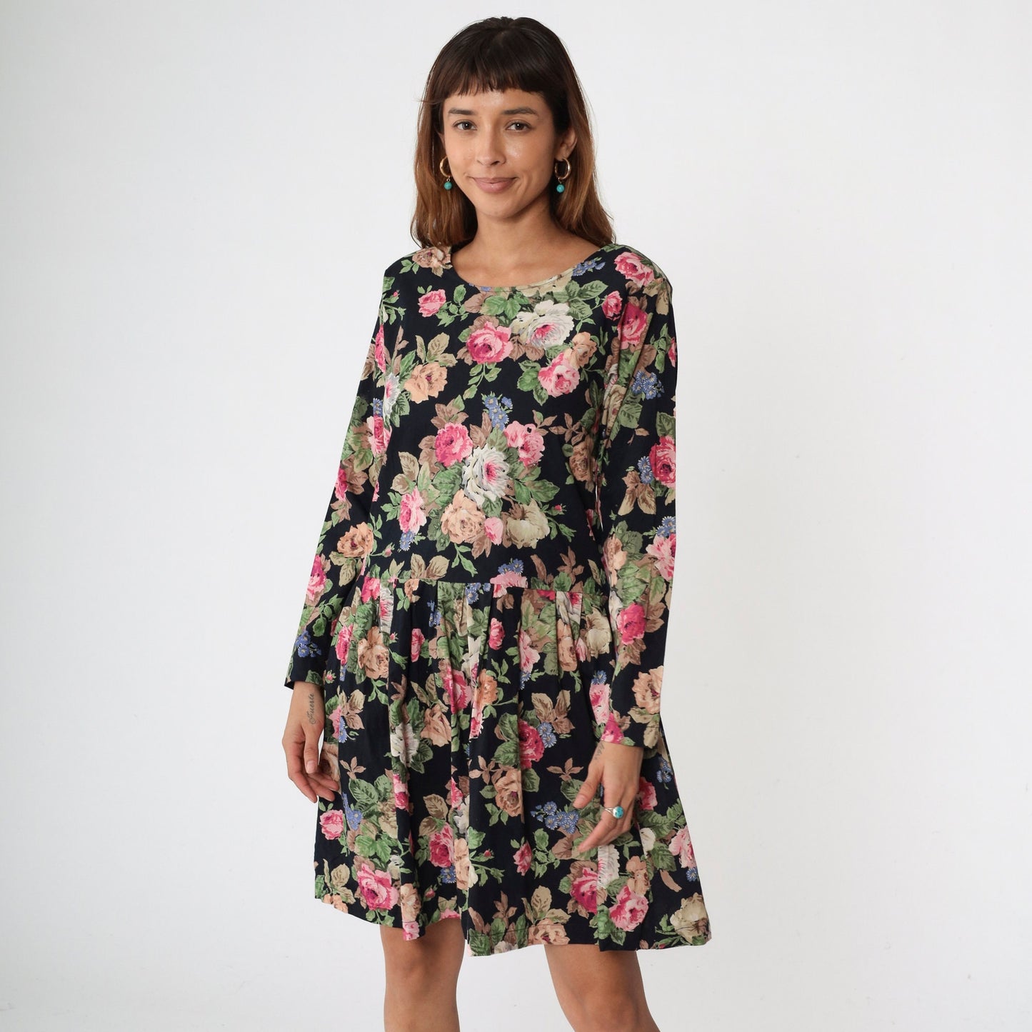 90s Atlas Studio Floral Mini Dress Black Drop Waist Long Sleeve Small S
