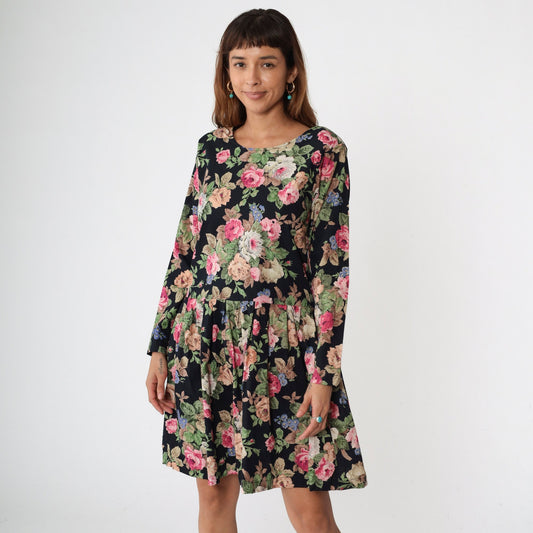 90s Atlas Studio Floral Mini Dress Black Drop Waist Long Sleeve Small S