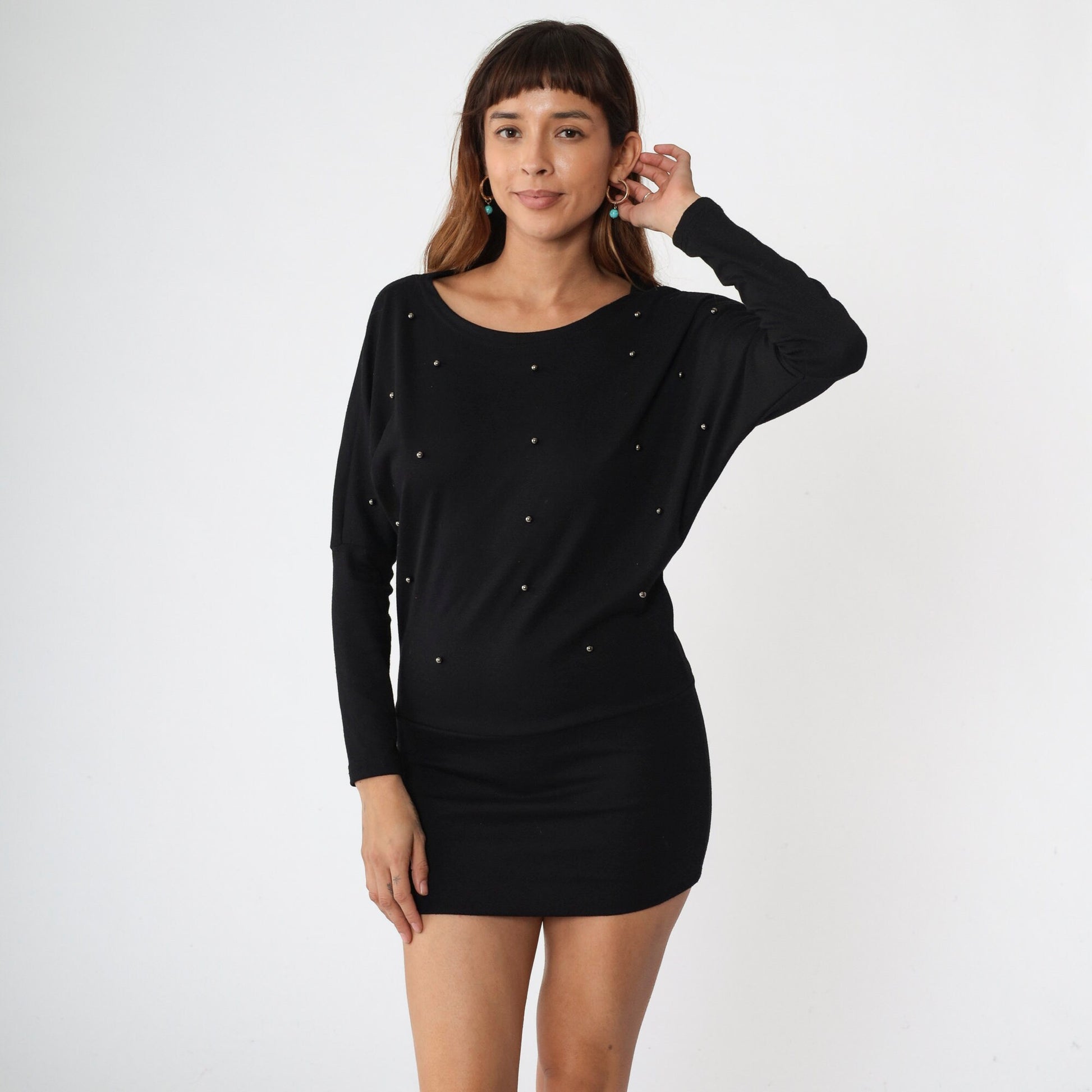 80s Black Beaded Bodycon Minidress Dolman Sleeve Party Dress Small Medium