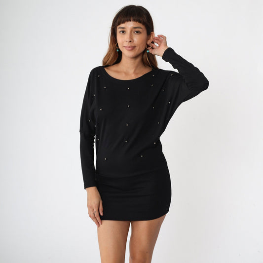 80s Black Beaded Bodycon Minidress Dolman Sleeve Party Dress Small Medium