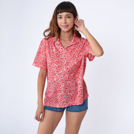 70s Geometric Print Collared Blouse Red White Psychedelic Shirt Extra Large