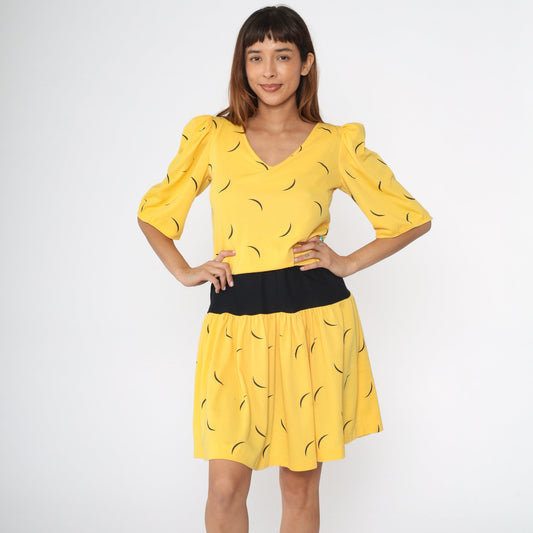 80s Yellow Black Abstract Line Print Mini Dress Tie Waist Small