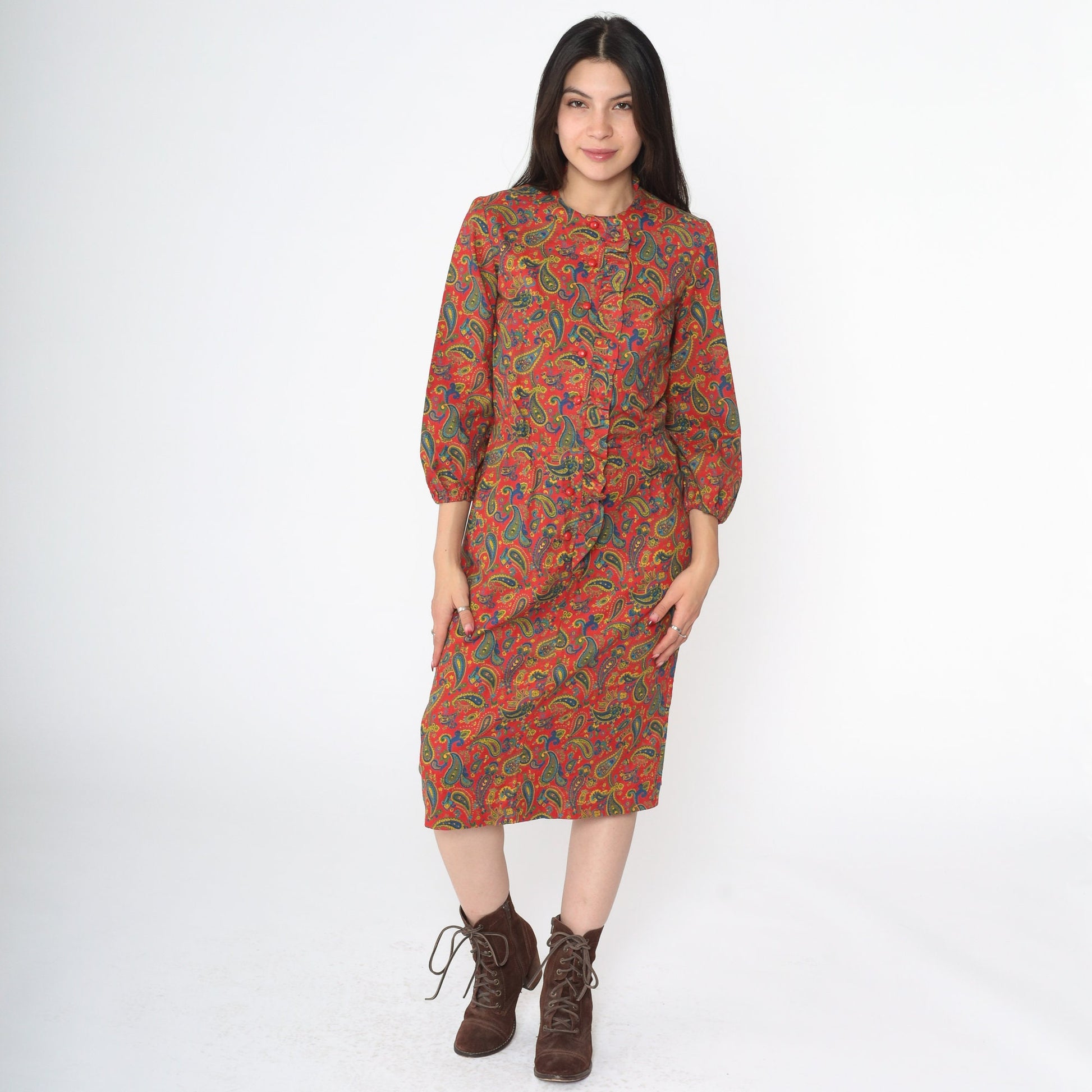 60s Paisley Button-Up Midi Dress Red Ruffle Front High Waist Small