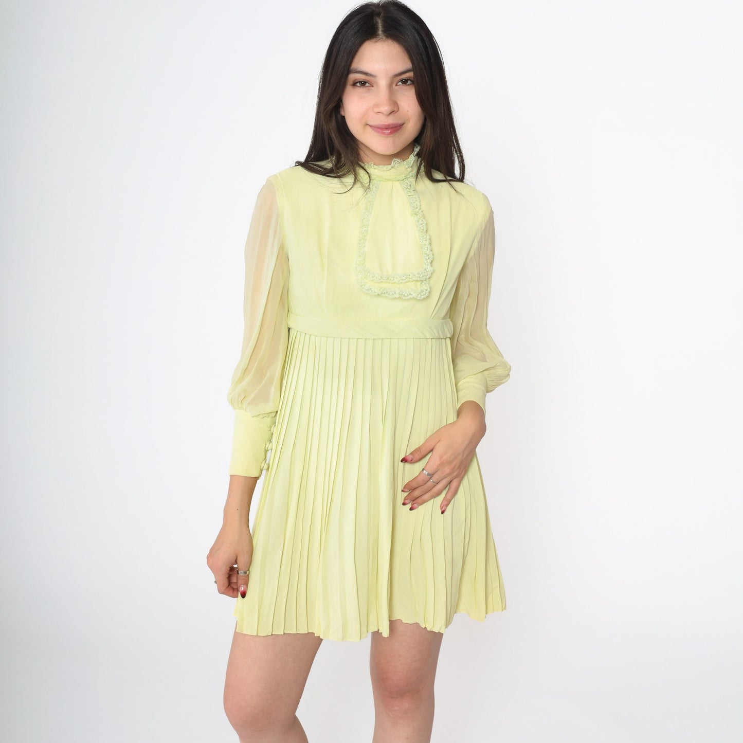 60s Lime Green Mini Dress Empire Waist Pleated Chiffon Sleeve Extra Small