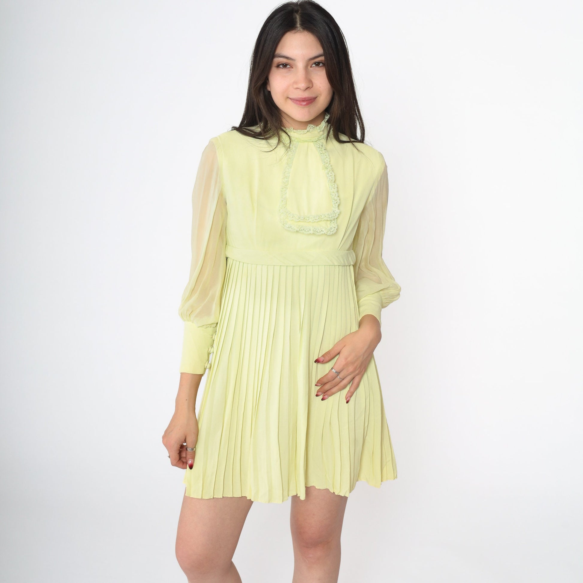 60s Lime Green Mini Dress Empire Waist Pleated Chiffon Sleeve Extra Small
