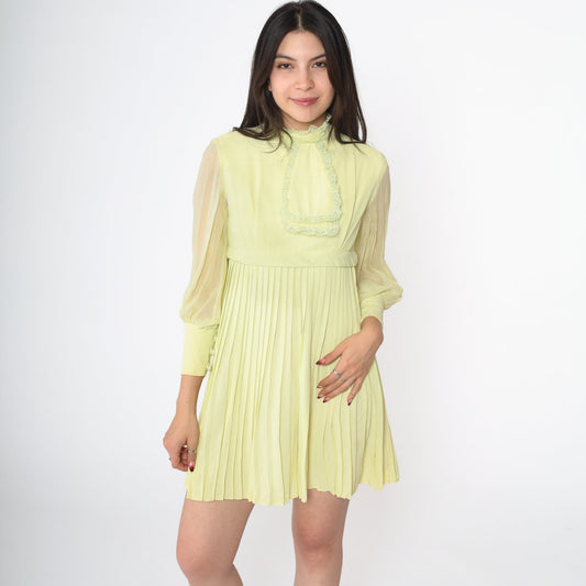 60s Lime Green Mini Dress Empire Waist Pleated Chiffon Sleeve Extra Small