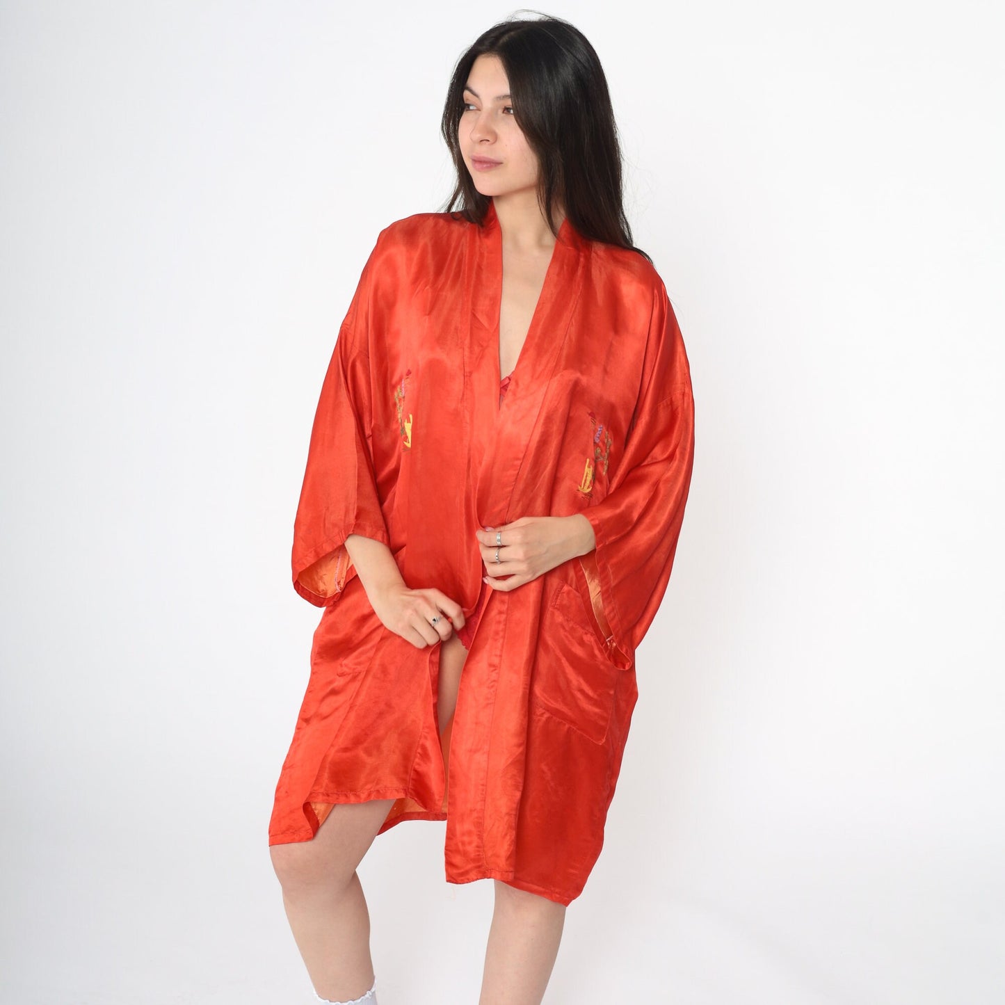 80s Red Silk Kimono Robe Embroidered Pagoda Trees Open Front Small