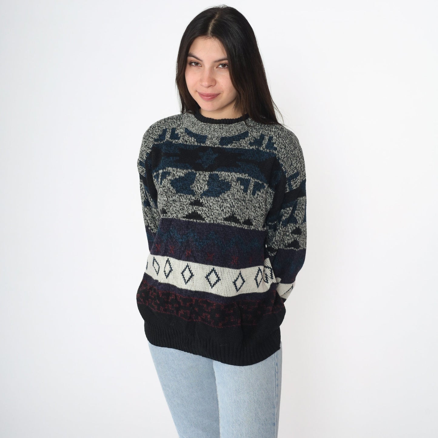 90s Geometric Jacquard Pullover Sweater Black Grey Blue Medium