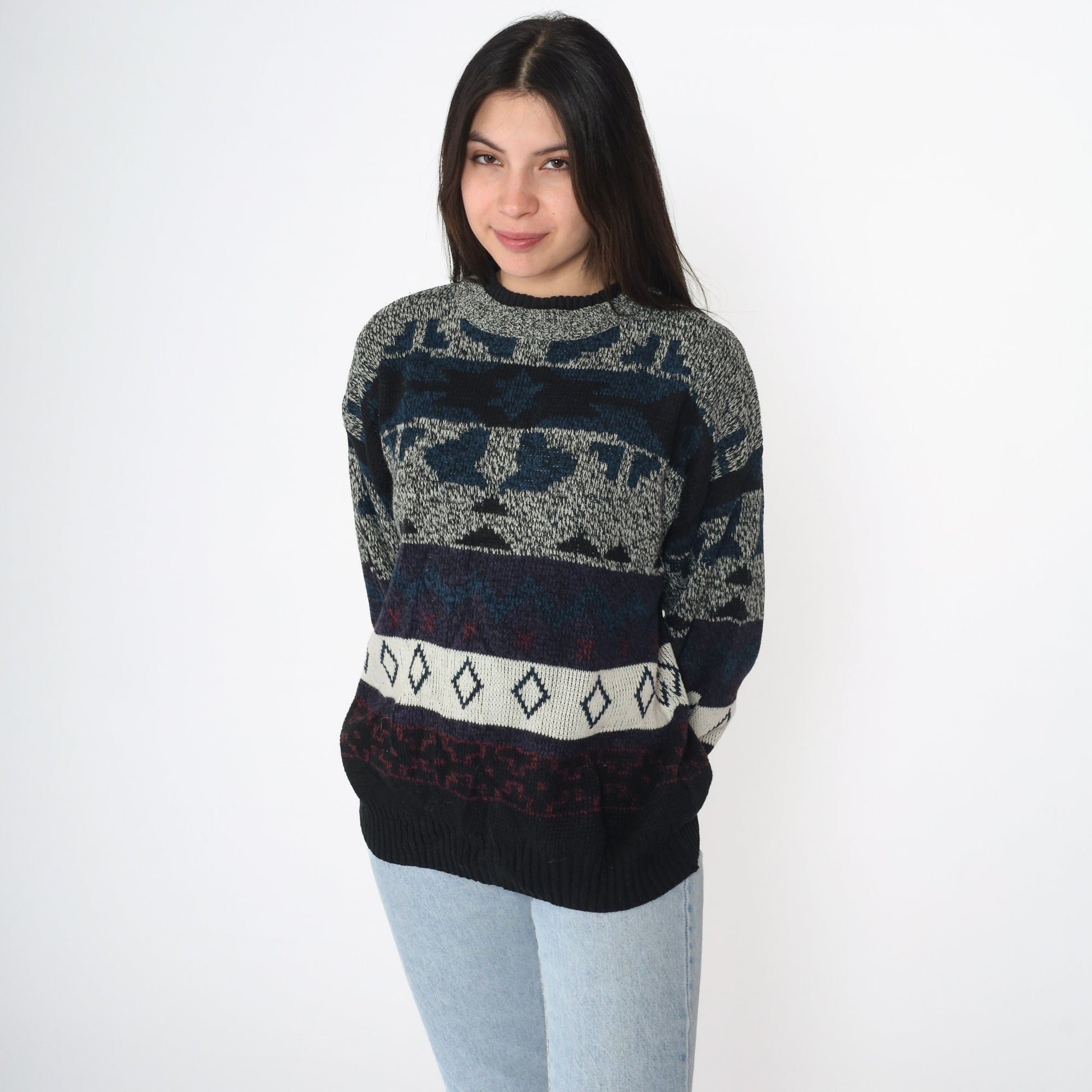90s Geometric Jacquard Pullover Sweater Black Grey Blue Medium