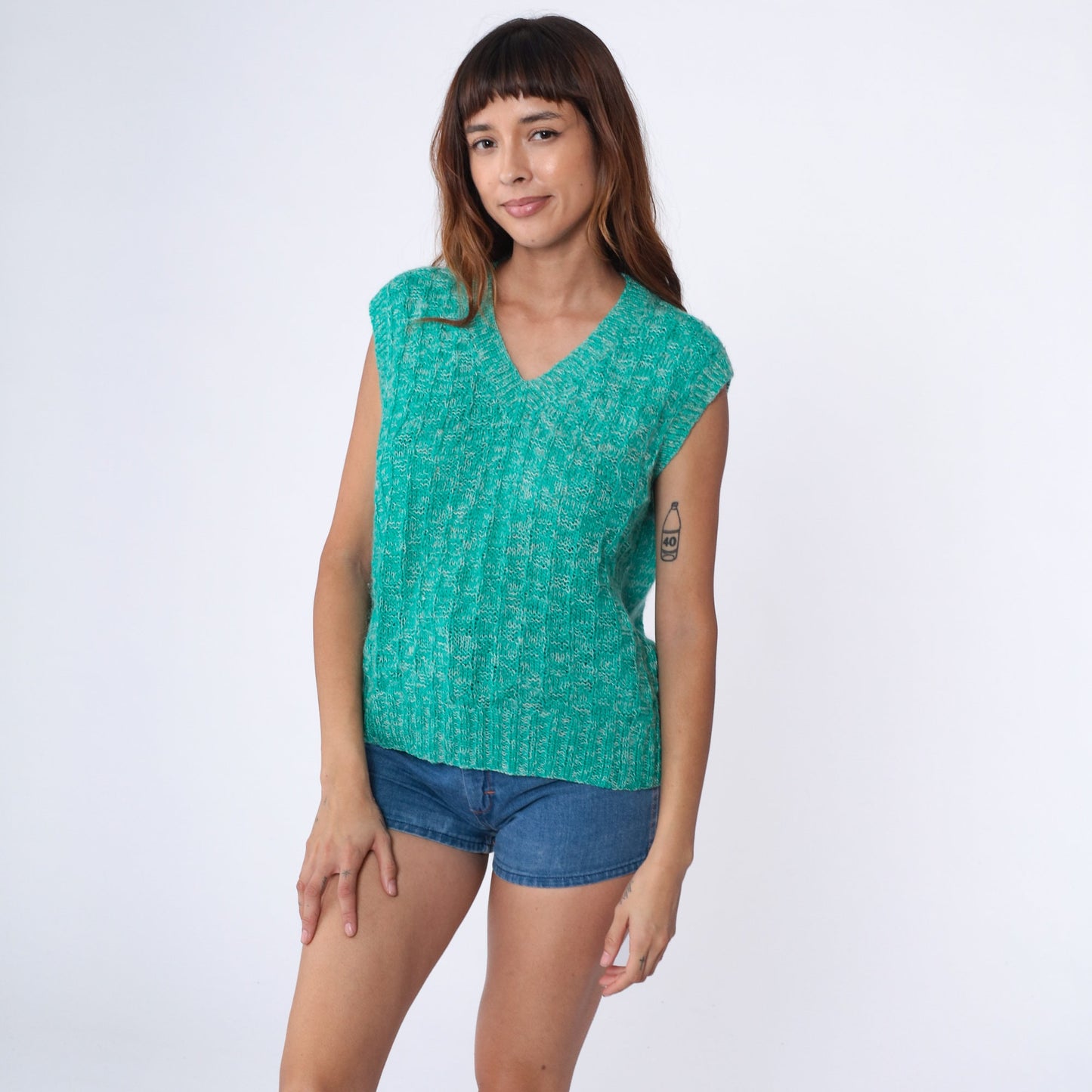 70s Green Knit Sweater Vest V Neck Sleeveless Pullover Large