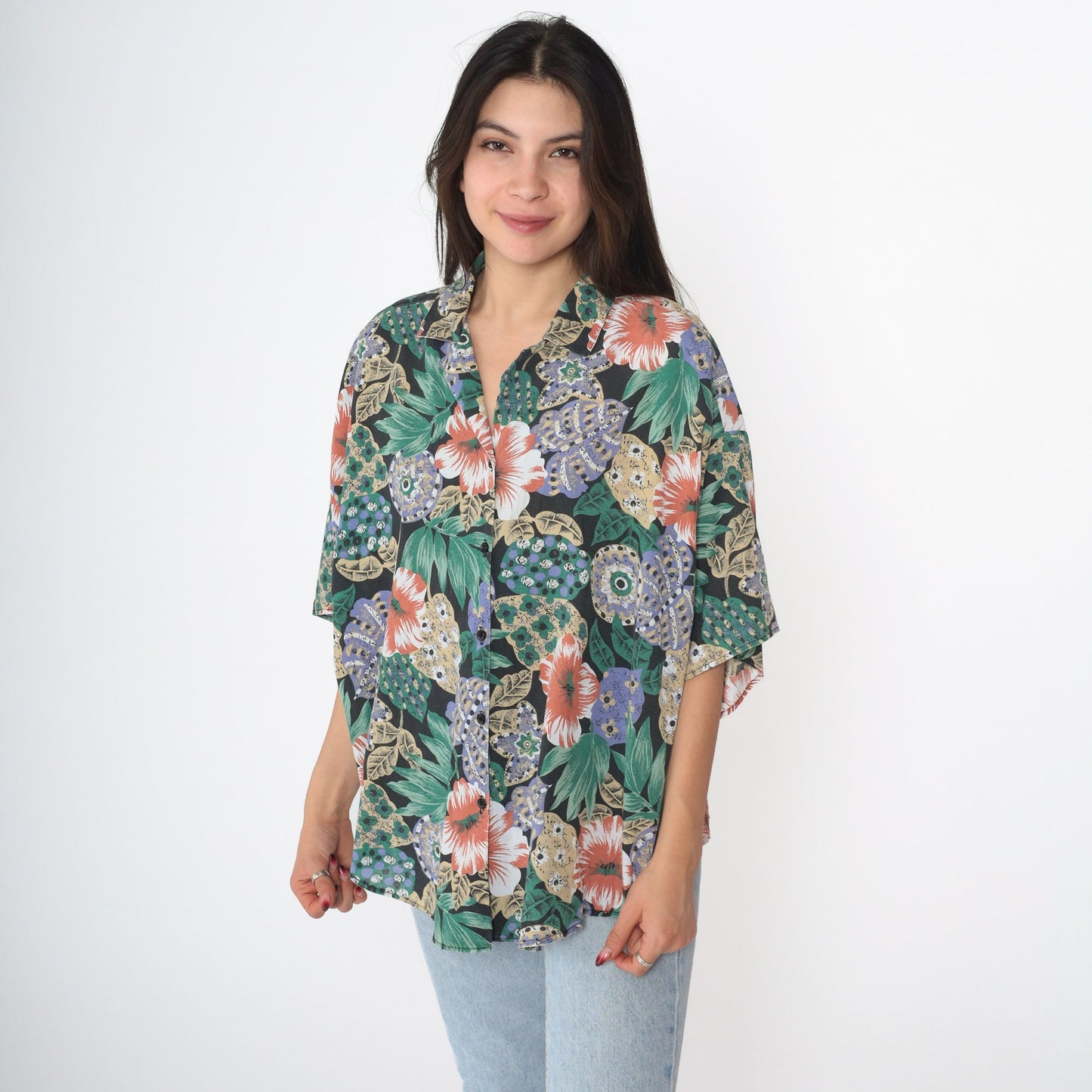 90s Tropical Floral Button Up Blouse Short Sleeve Blue Plus Size 18W