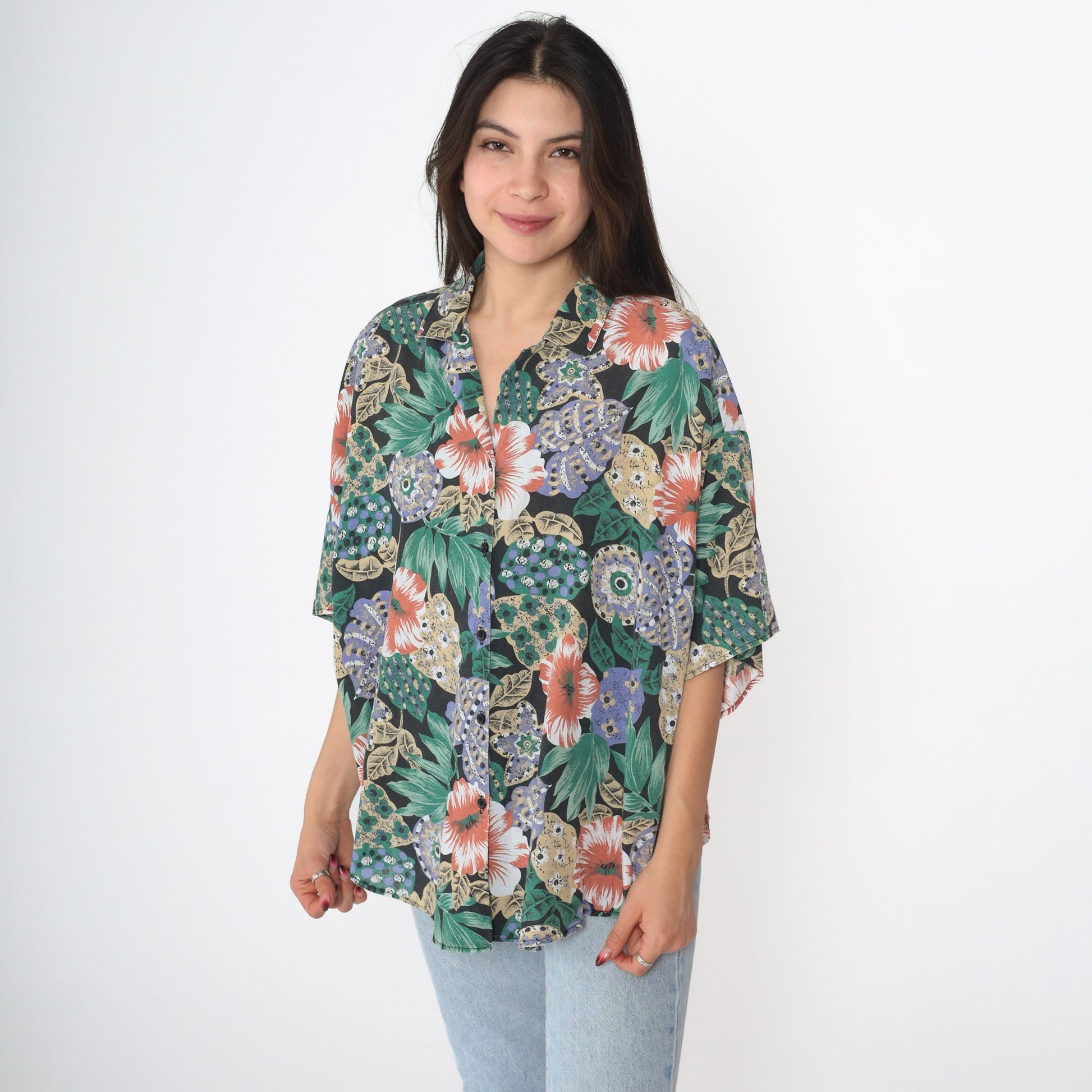 90s Tropical Floral Button Up Blouse Short Sleeve Blue Plus Size 18W