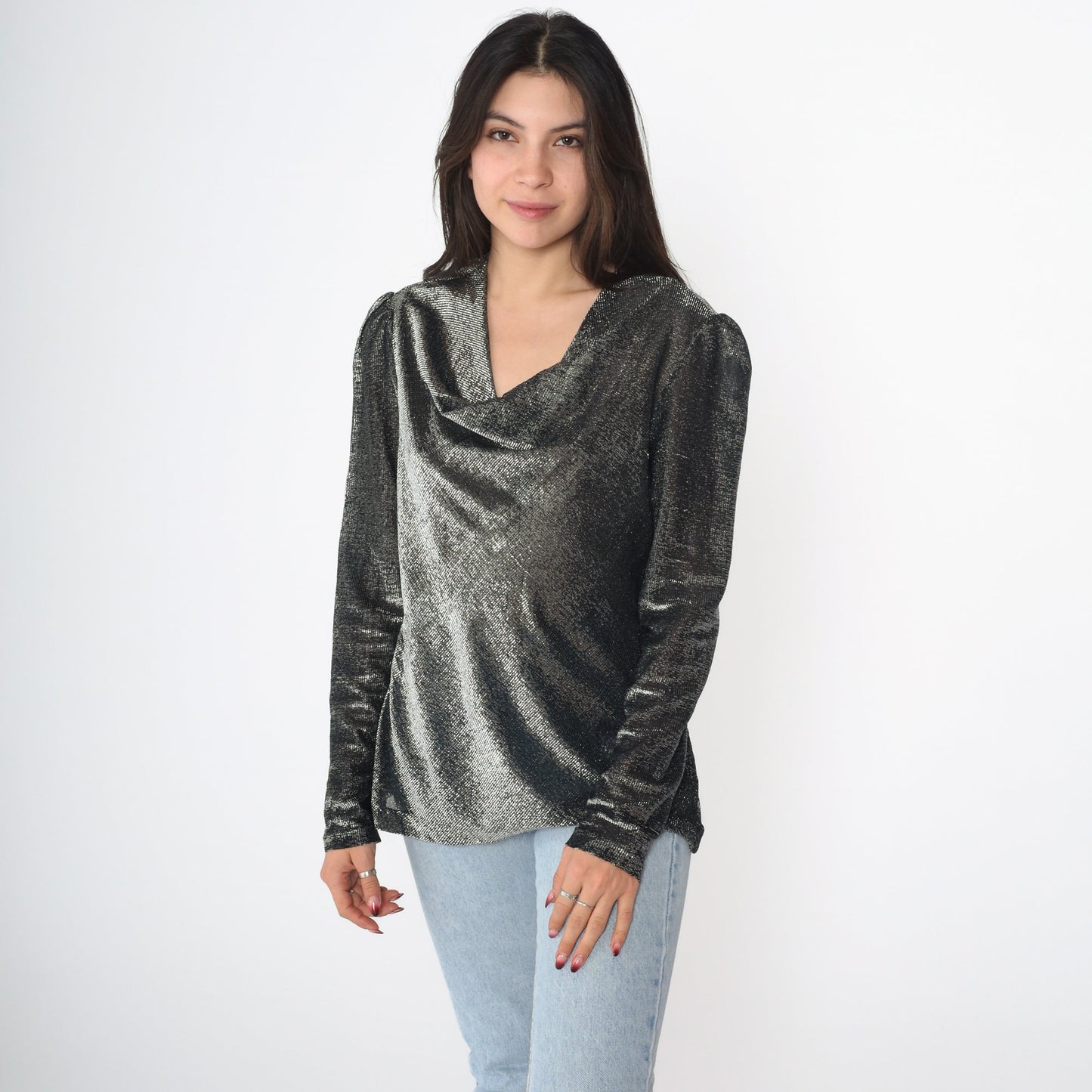 70s Metallic Silver Cowl Neck Blouse Puff Sleeve Party Top Small S