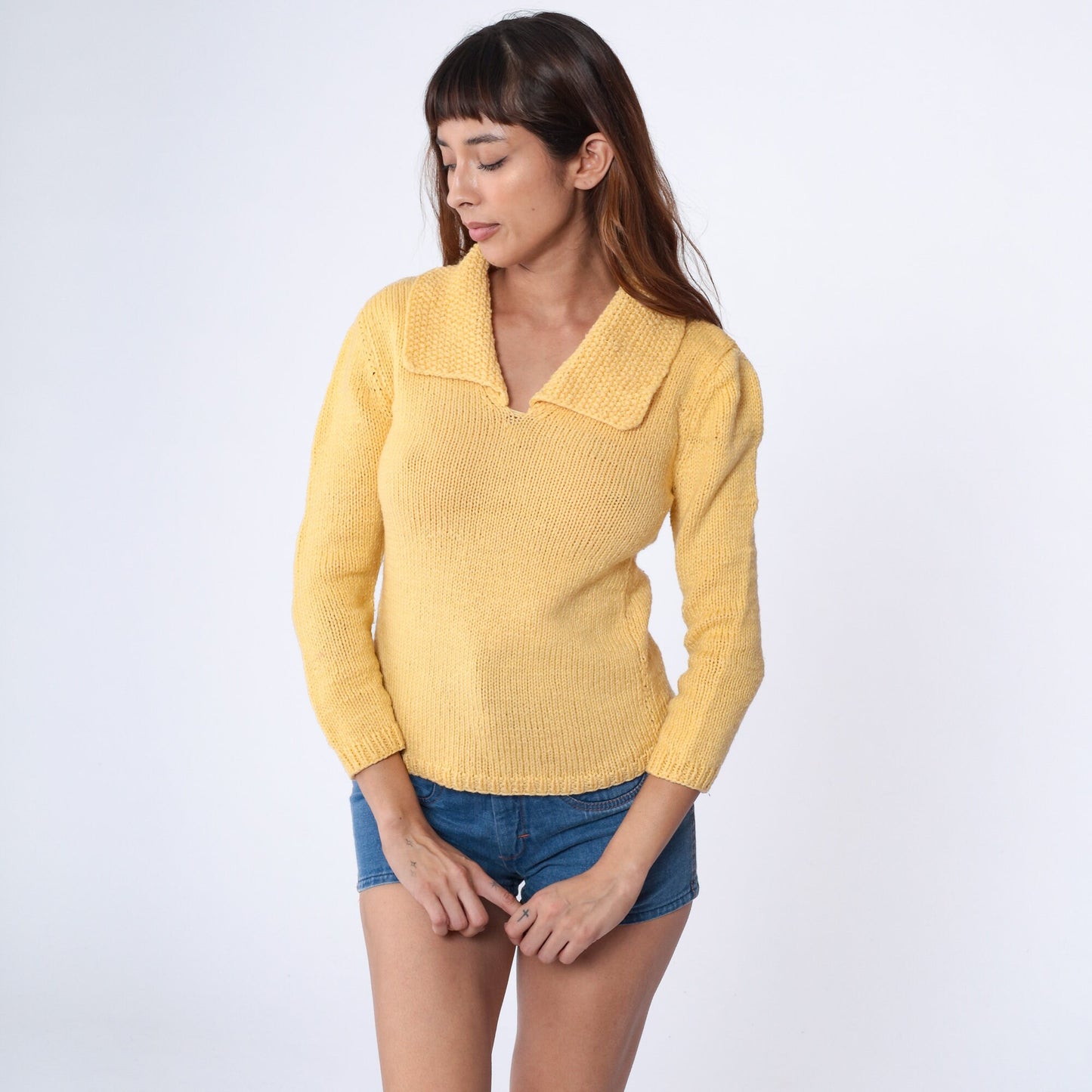 70s Yellow Knit Sweater V-Neck Nubby Collar Pullover Extra Small