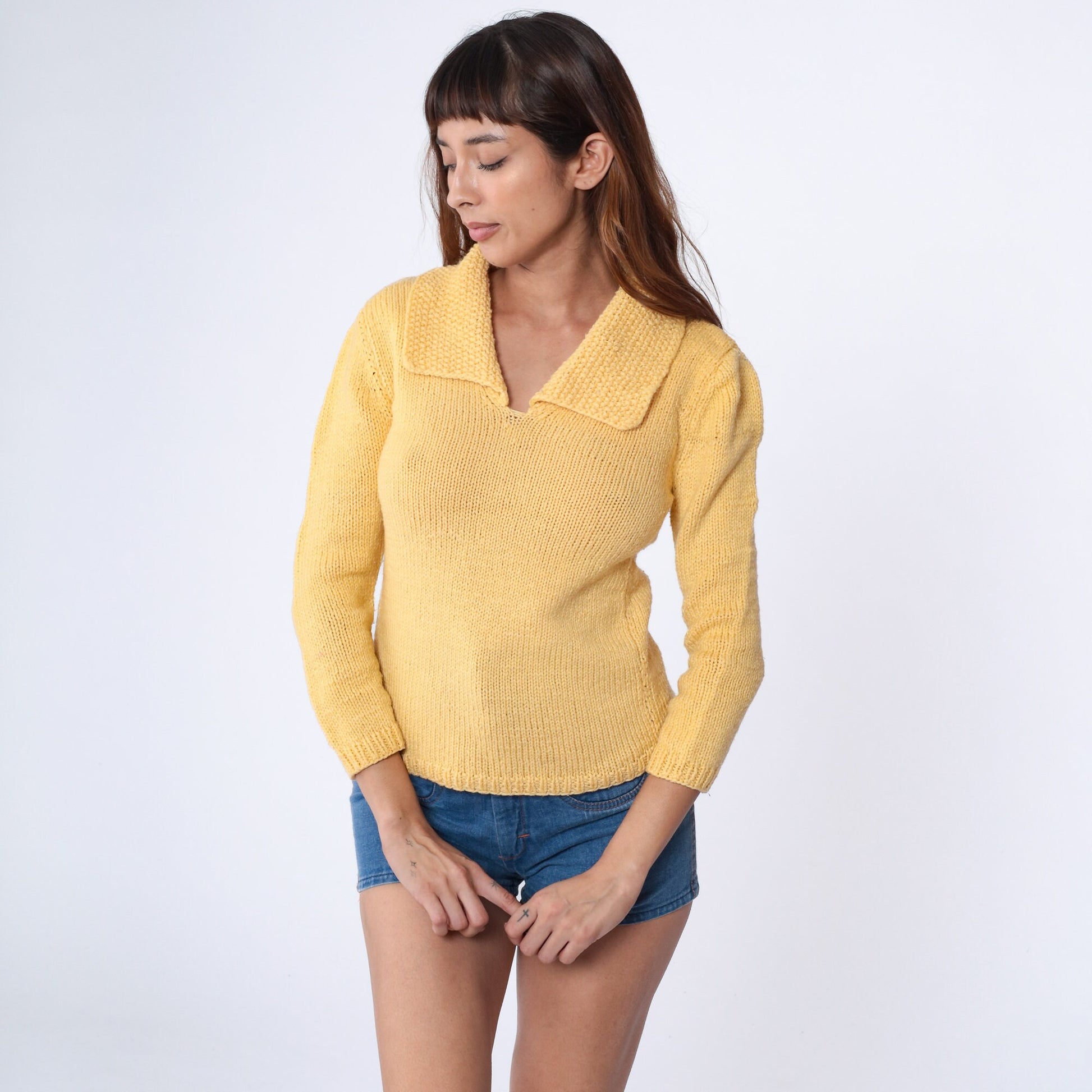 70s Yellow Knit Sweater V-Neck Nubby Collar Pullover Extra Small