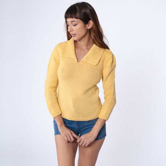 70s Yellow Knit Sweater V-Neck Nubby Collar Pullover Extra Small