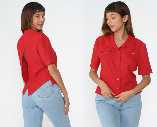 90s Red Floral Embroidered Cutout Button-Up Blouse Short Sleeve Medium