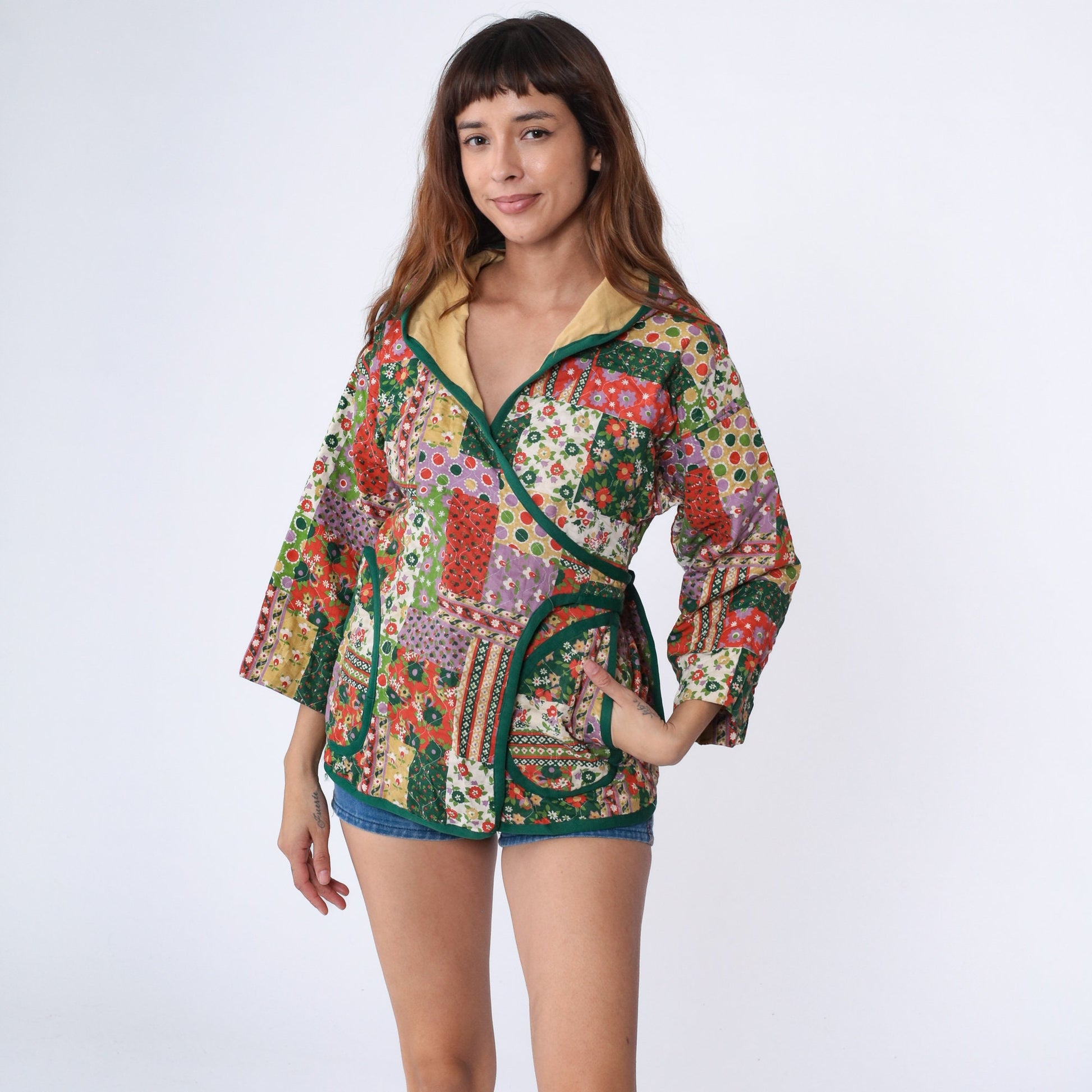 70s Patchwork Floral Quilted Hooded Jacket Green Wrap Toggle Small