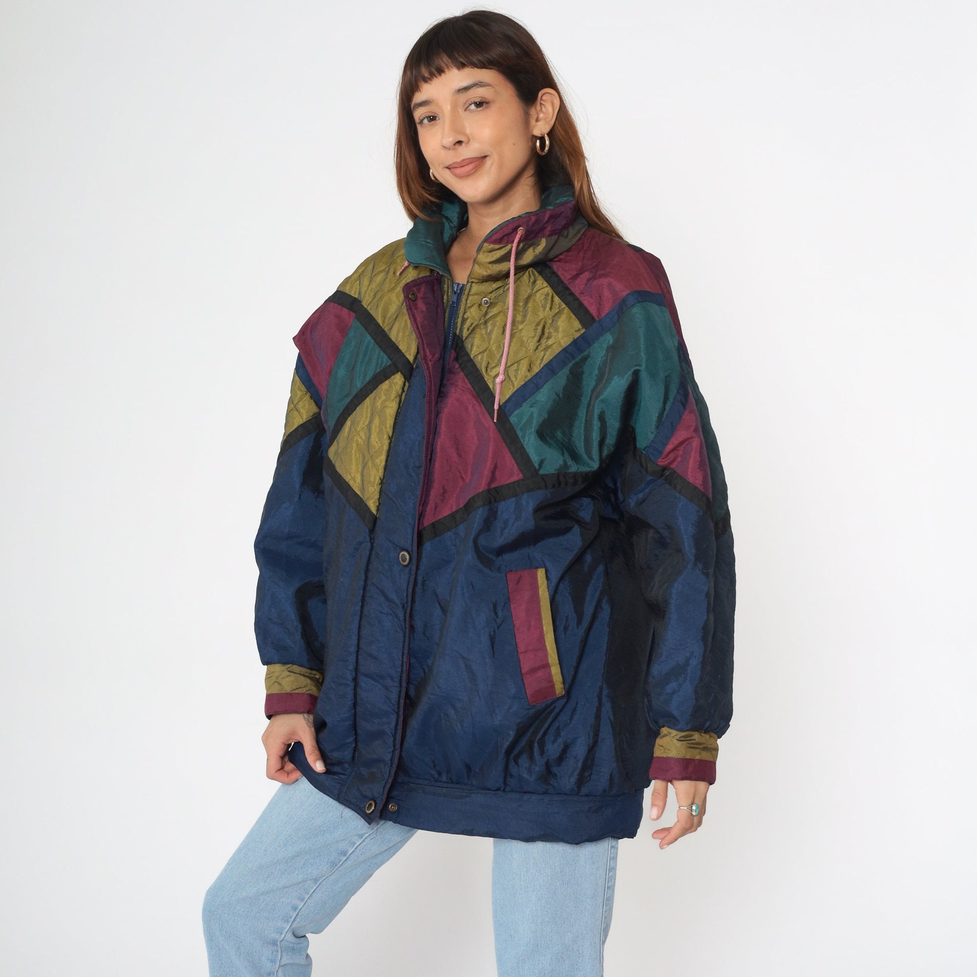 90s Dani Colby Puffer Jacket Navy Colour Block Ski Coat Large