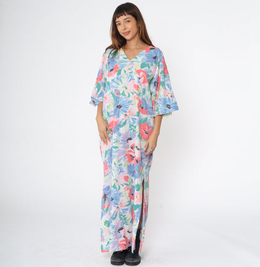 80s Floral Maxi Dress White Watercolor Surplice V-Neck 3/4 Sleeve Medium