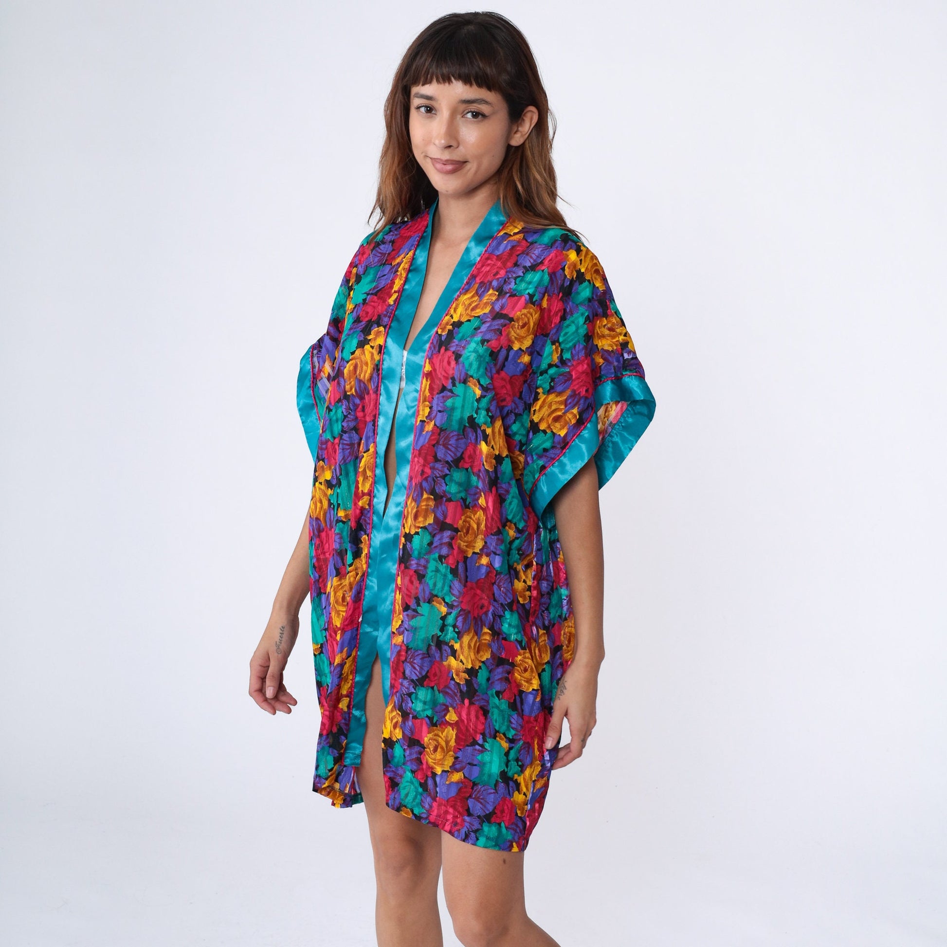00s Floral Metallic Satin Kimono Robe Mini Open Front Medium M