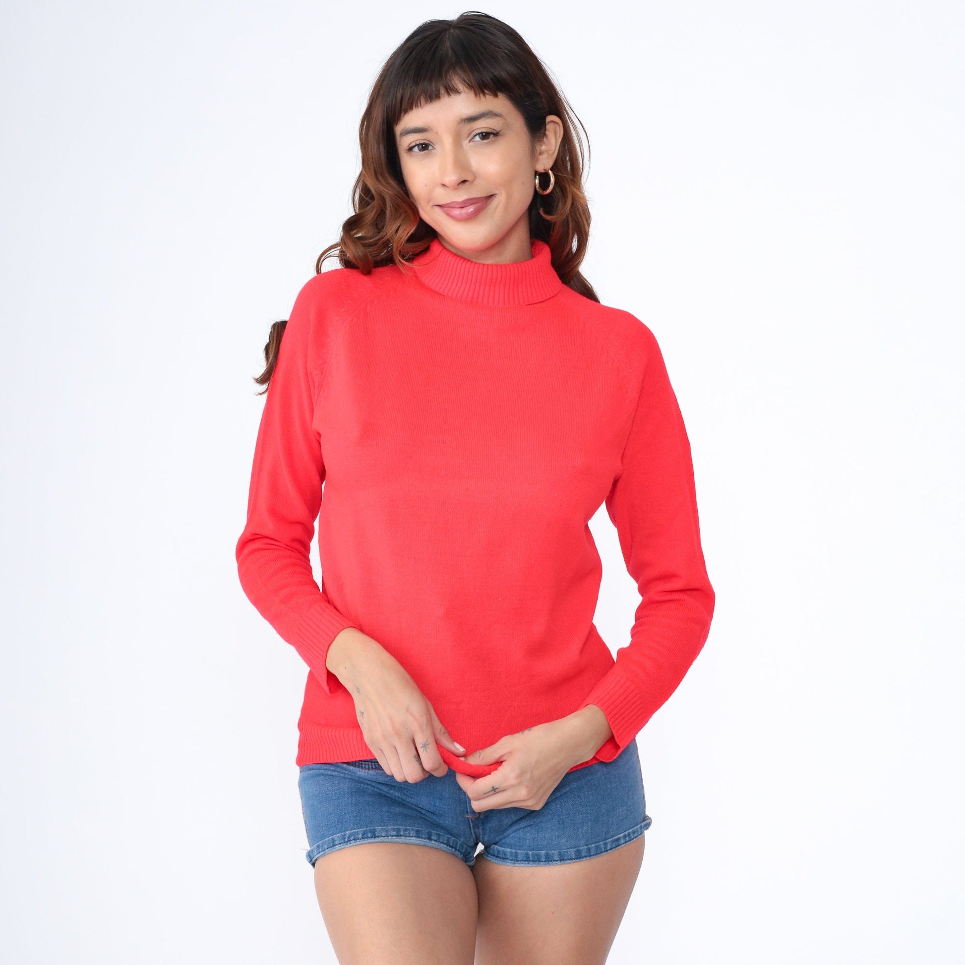 70s Full Fashions Red Turtleneck Raglan Sweater Rear Zipper Small