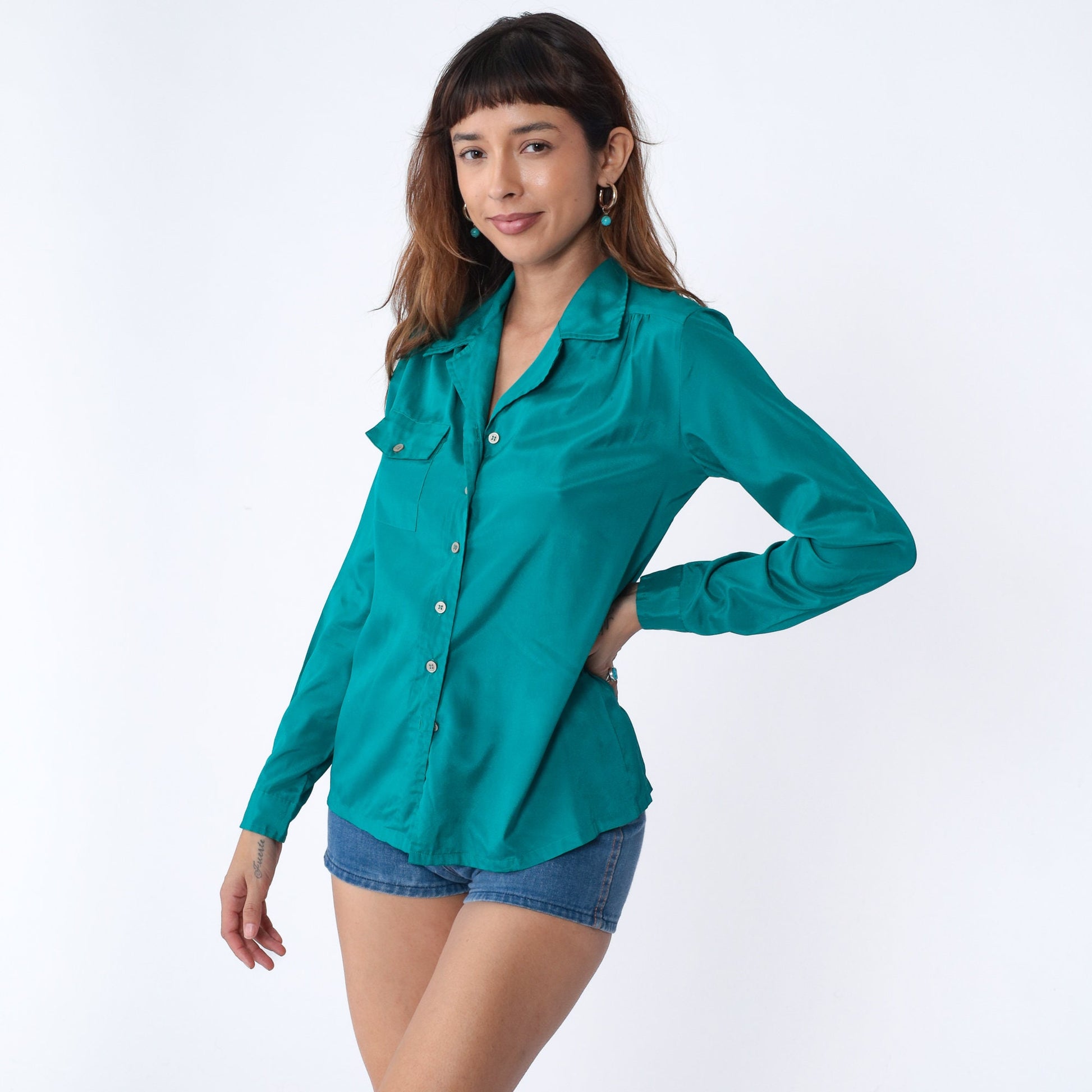 90s Teal Green Button-Up Blouse Notch Collar Long Sleeve Medium