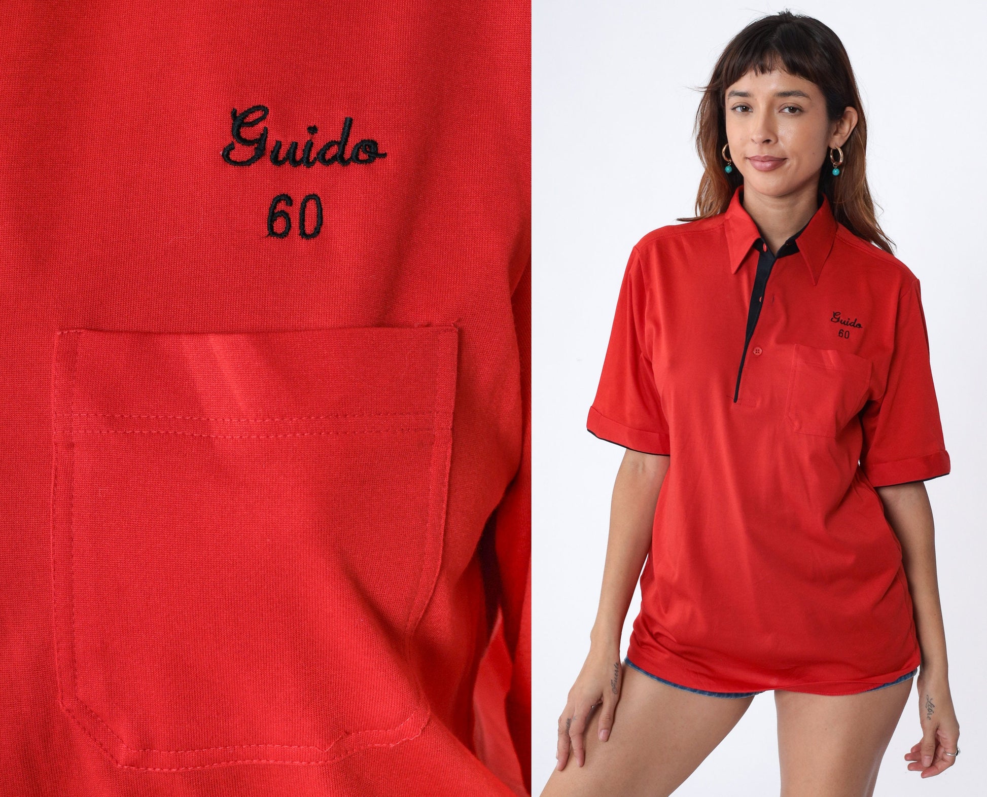80s Red Bowling Uniform Shirt Guido Embroidered Number 60 Medium