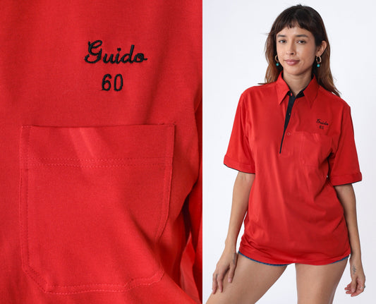 80s Red Bowling Uniform Shirt Guido Embroidered Number 60 Medium