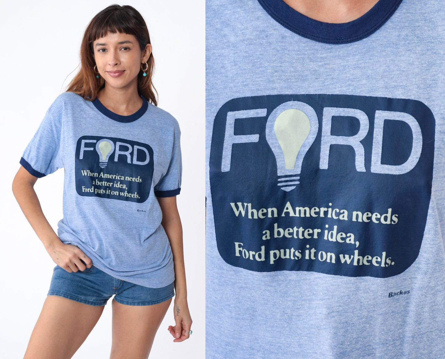 80s Ford Graphic Ringer Tee Blue Single Stitch T-Shirt Medium