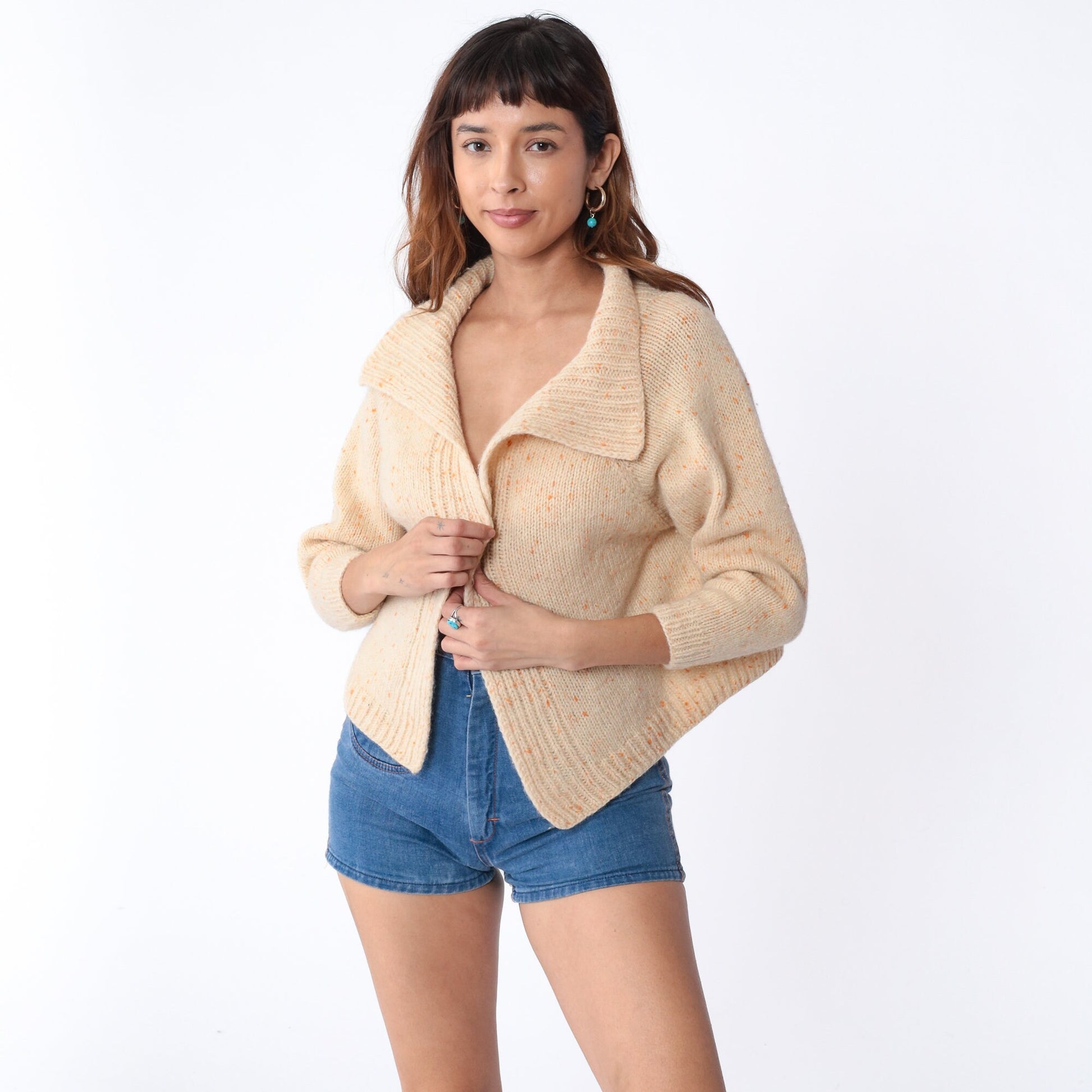 70s Cream Cardigan Orange Flecked Wool Blend Collared Sweater Small S