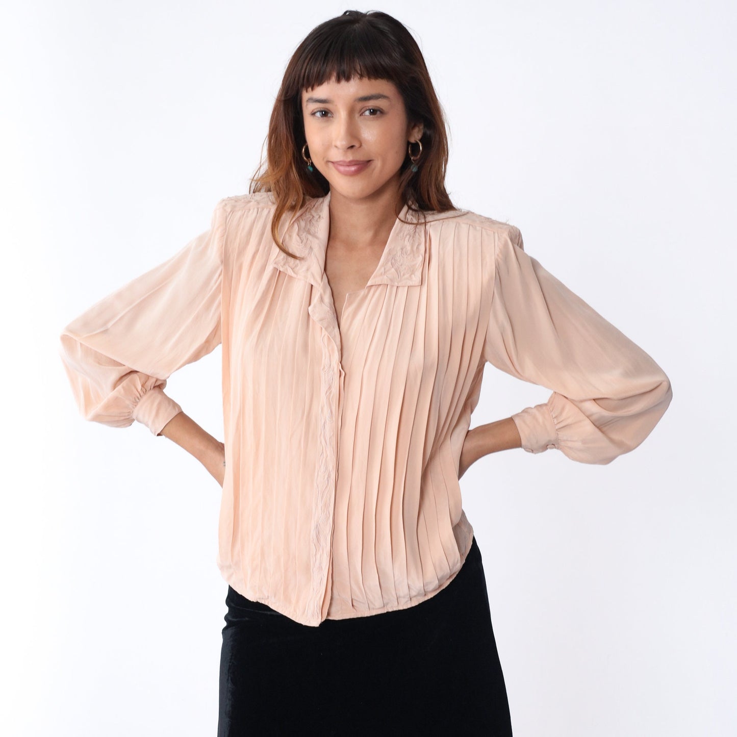 80s Paul Alexander Pink Silk Blouse Floral Embroidered Pleated Collared Small