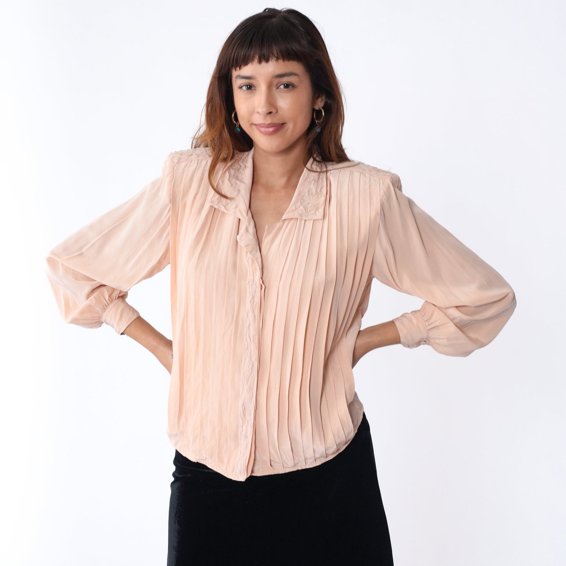 80s Paul Alexander Pink Silk Blouse Floral Embroidered Pleated Collared Small