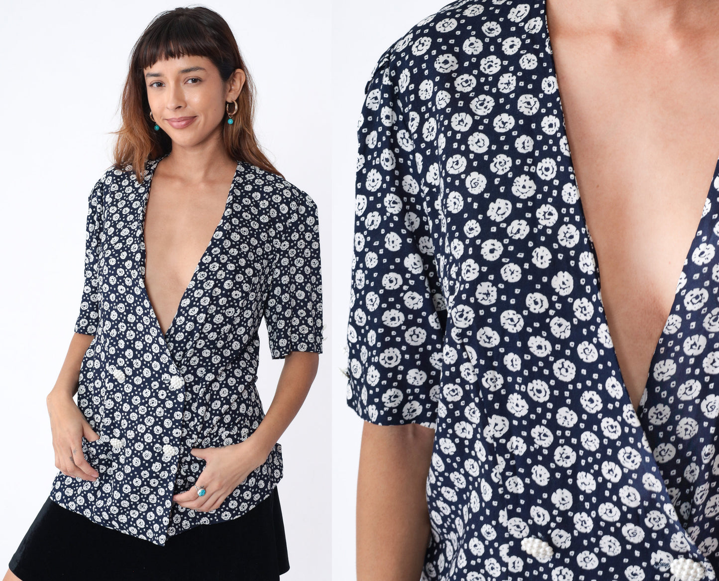 90s Navy Floral Wrap Blouse White Dot Print Puff Sleeve Button Up Medium