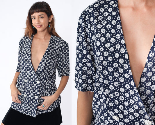 90s Navy Floral Wrap Blouse White Dot Print Puff Sleeve Button Up Medium