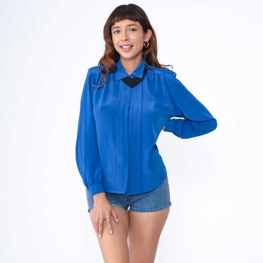 90s Royal Blue Pleated Blouse Detachable Collar Button-Up Long Sleeve Small S