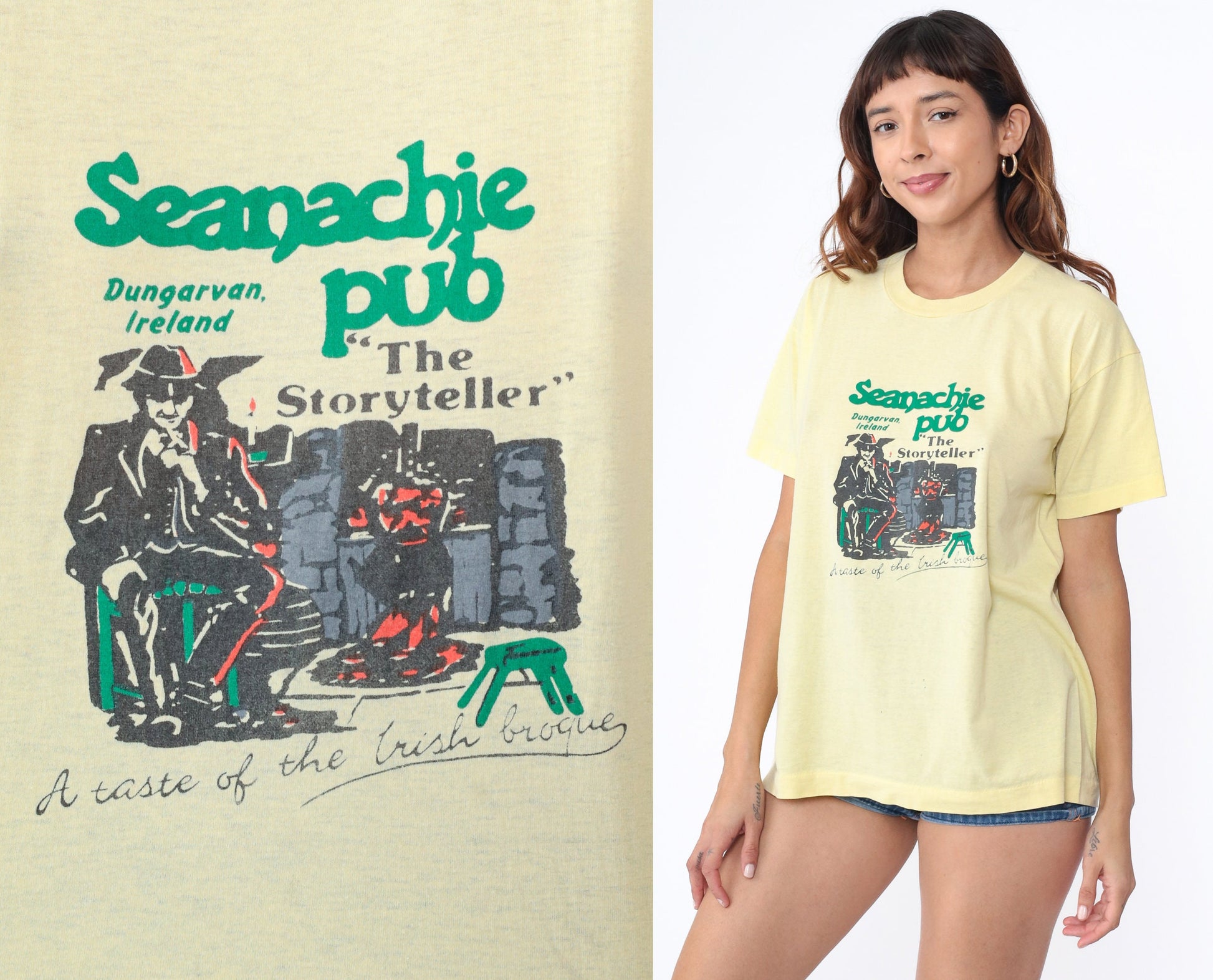 80s Screen Stars Seanachie Pub Dungarvan Ireland Graphic T-Shirt Yellow Large