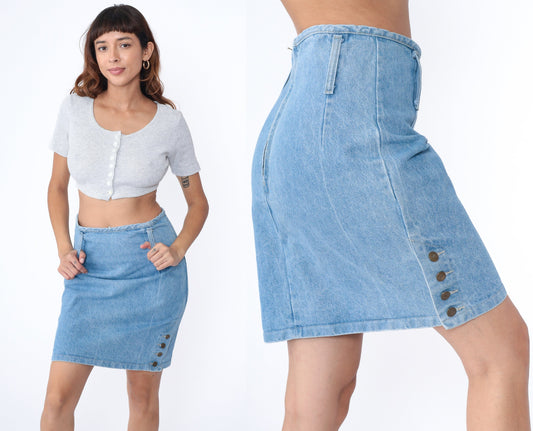 90s Blue Denim Mini Skirt High Waist Pencil Cut Side Button Medium