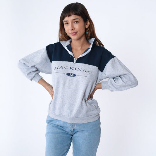 90s Mackinac Island Bike Quarter Zip Sweatshirt Light Heather Grey Small S