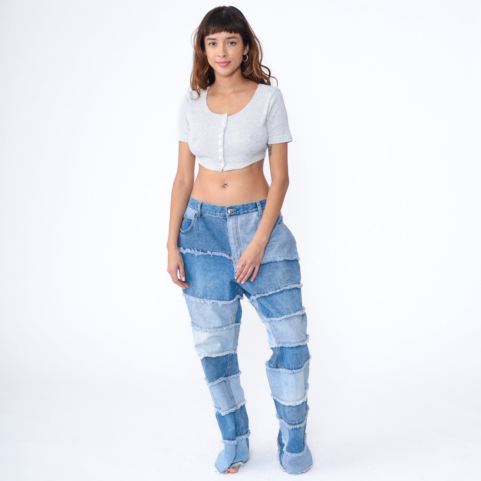 Y2K Zana Di Patchwork Bell Bottom Jeans Blue Denim Plus Size 20