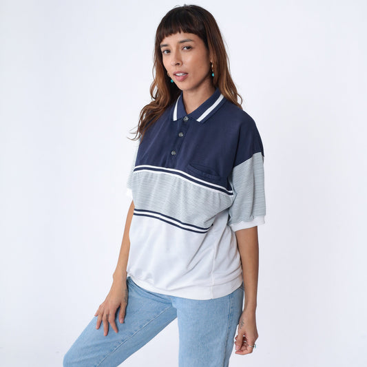 90s Striped Polo Shirt White Navy Blue Banded Hem Chest Pocket Extra Large XL