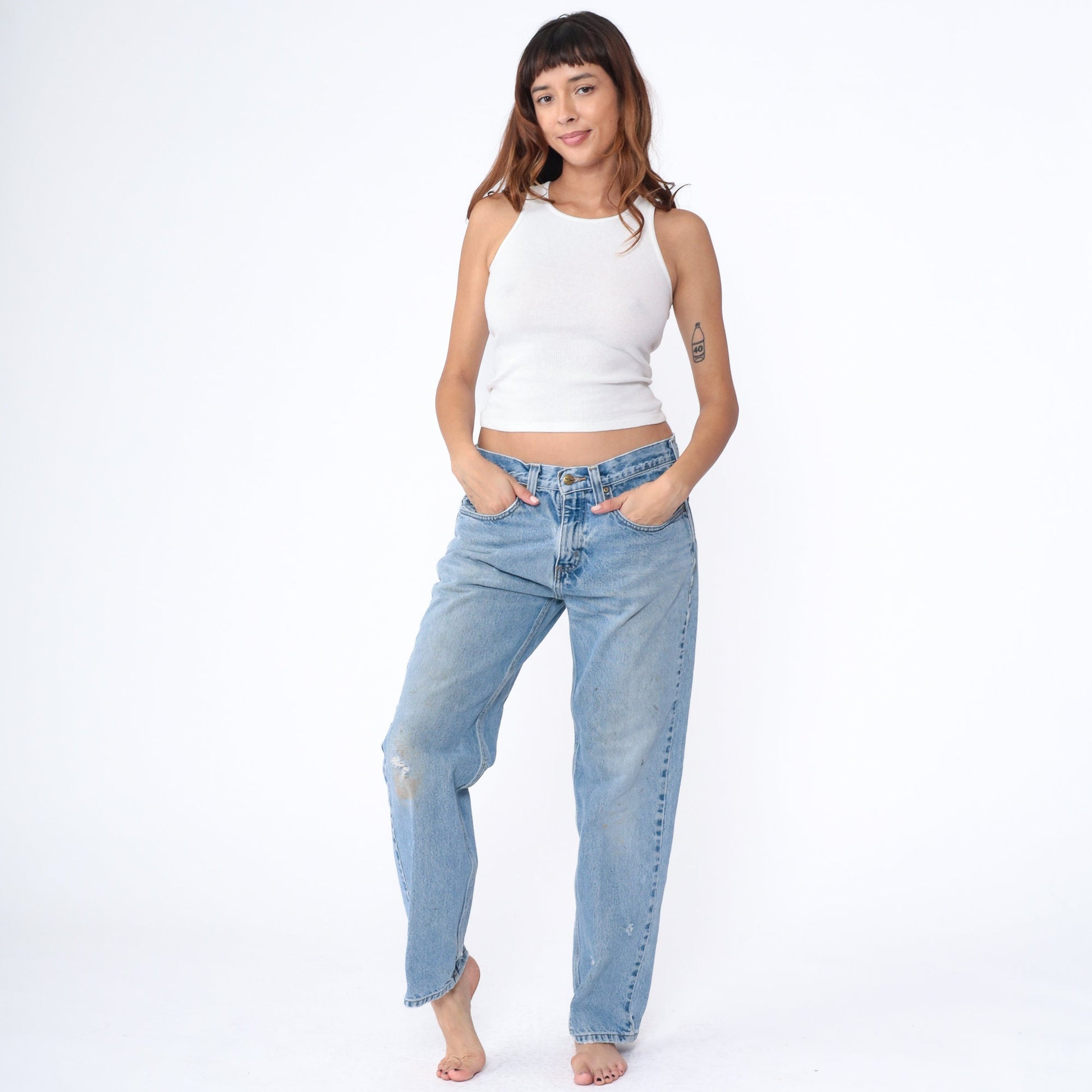 90s Carhartt Denim Jeans Tapered Straight Leg Blue Distressed 34