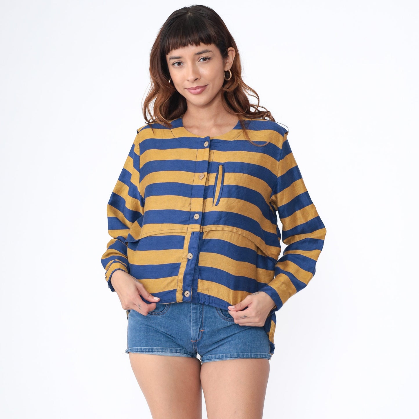 80s Striped Linen Cotton Blouse Blue Mustard Button Up Long Sleeve Large