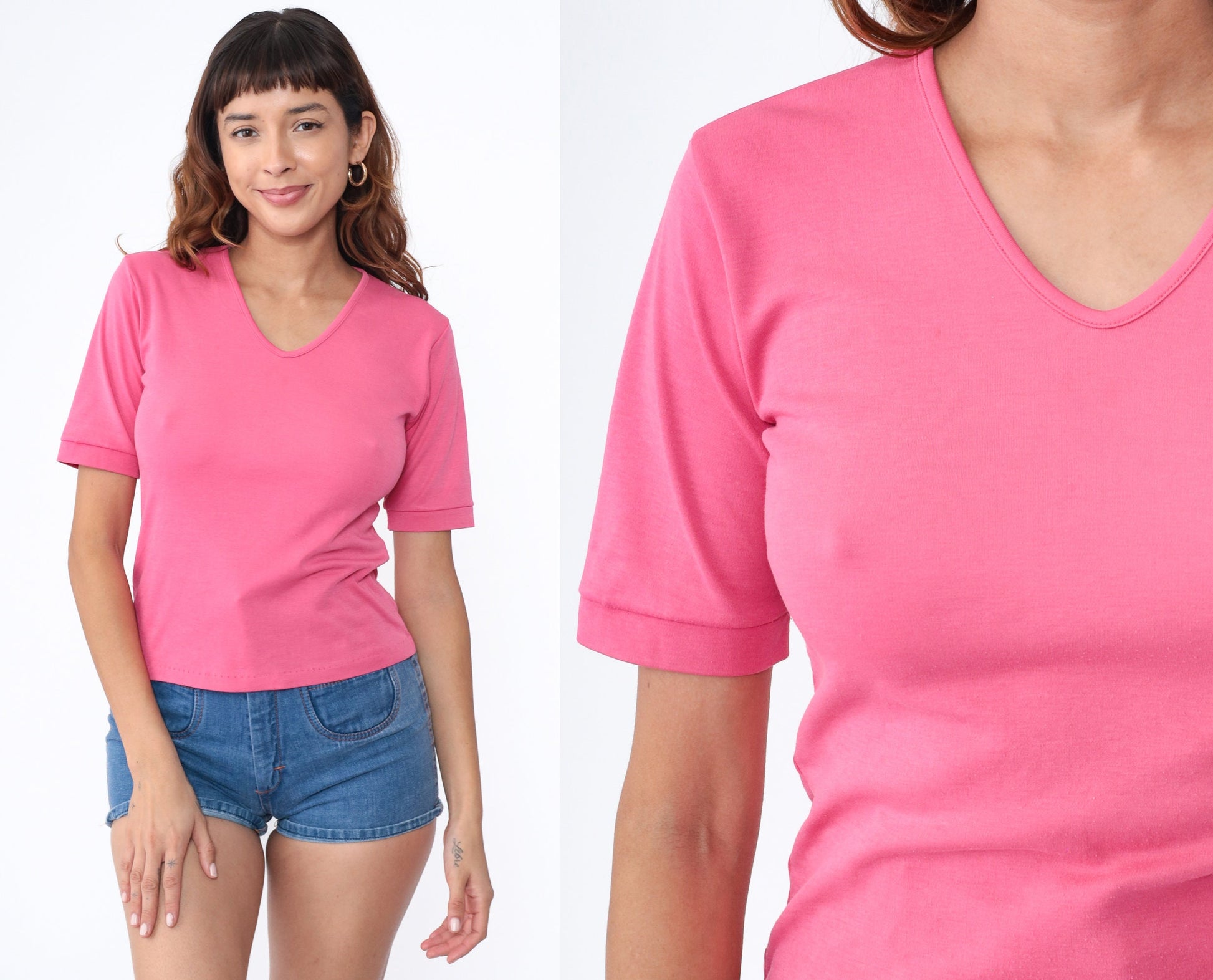 80s Bright Pink V-Neck T-Shirt Single Stitch Short Sleeve Small S